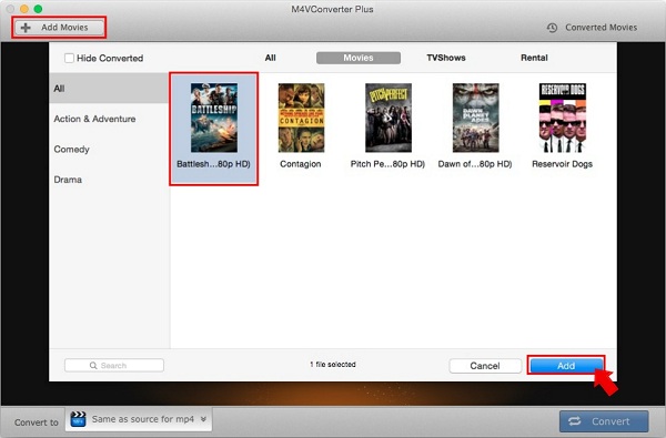 Add iTunes movies, convert M4V to MP4
