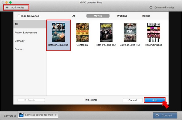 add videos to the M4V to M4R converter for Mac